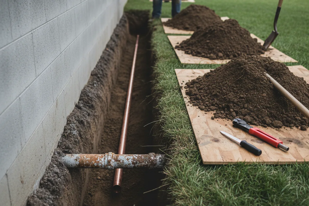 Excavated water line trench during Sewer Line Repair in Dewitt